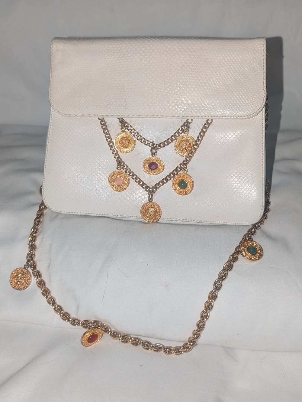 Judith Leiber White Crossbody Bag with Gold Chain and Multicolor Gem Medallions